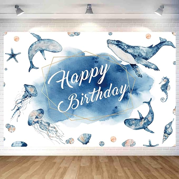 Blue Ocean Happy Birthday Backdrop Decorations Marine Animals Happy Birthday Banner Blue Ocean Photo Background for Home Indoor Outdoor Birthday Party Decorations Supplies 70.8 x 47.2 Inch