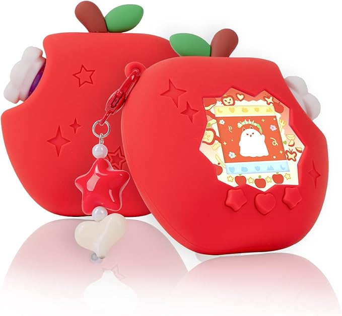 Apple Case for Tamagotchi Paradise, 4-iaradisen-1 Shockproof Silicone Protective Cover Kit with Faceplate, Flower Dial Cap & Charm, Kawaii Accessories for Girls & Adults (RED)