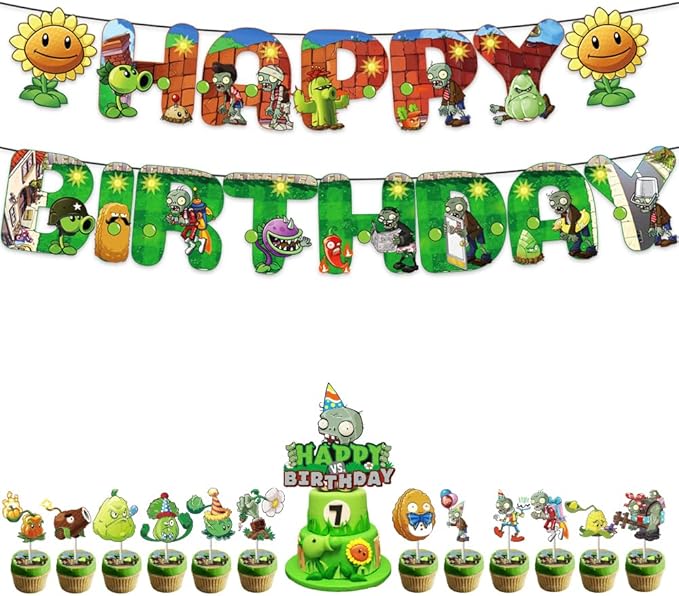 Plant vs. Zom-bies Party Backdrop Party Banner, Cake Topper, Cupcake Topper, Cup Cake Wrappers, Zombies Hanging Swirls and PVSZ Balloons for PVSZ Party Supplies Decorations/Kids Room Decor