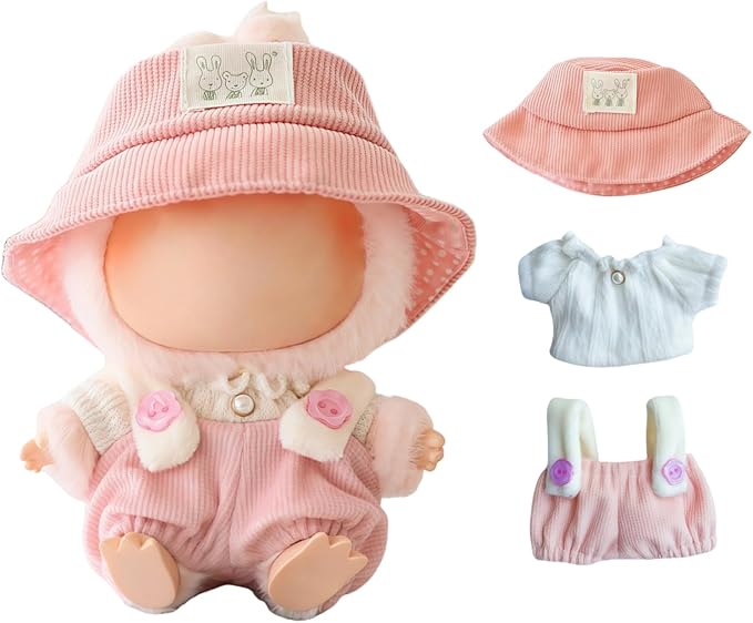 Clothes for Lu bubu 17cm Dolls Accessories(No Doll), Cute Outfit Set 3 Pieces Bib Pants Suitable for 17cm Doll Suit, Stylish Dress Up Overalls Doll Clothing Set Replacement with Hat Clothes Pink