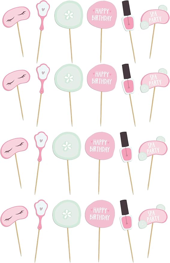 Spa Party Cupcake Toppers | Set of 24 | Spa Party Supplies for Girls - Cupcake Decorations & Cake Toppers for Girls Makeup or Slumber Birthday Celebration