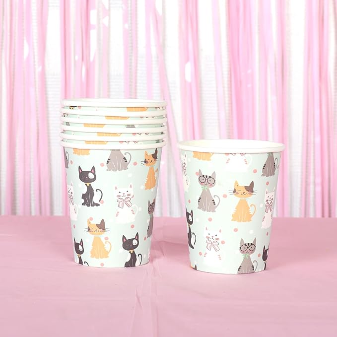 146Pcs Serves 16 Cat Theme Birthday Party Decorations Set,Kitten Disposable tableware,9in/7in Plates,Napkins,Cups,Knives,Forks,Spoons,Cupcake Toppers＆Wrappers Table Cover and Banner Party Favor.