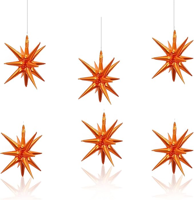 6 Pcs Orange Star Foil Balloons One-Piece 14-Pointed Star Balloon 4D Starburst Cone Mylar Balloon 22inch Christmas Birthday Wedding Wedding Anniversary Party Supplies(Orange)