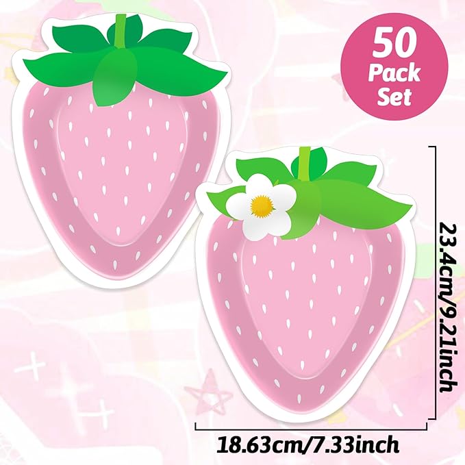 50 Count Strawberry Party Paper Plates Pink Strawberry Theme Shortcake Dessert Cake Disposable Plates for Party Birthday Parties Weddings Baby Showers Decorations Supplies
