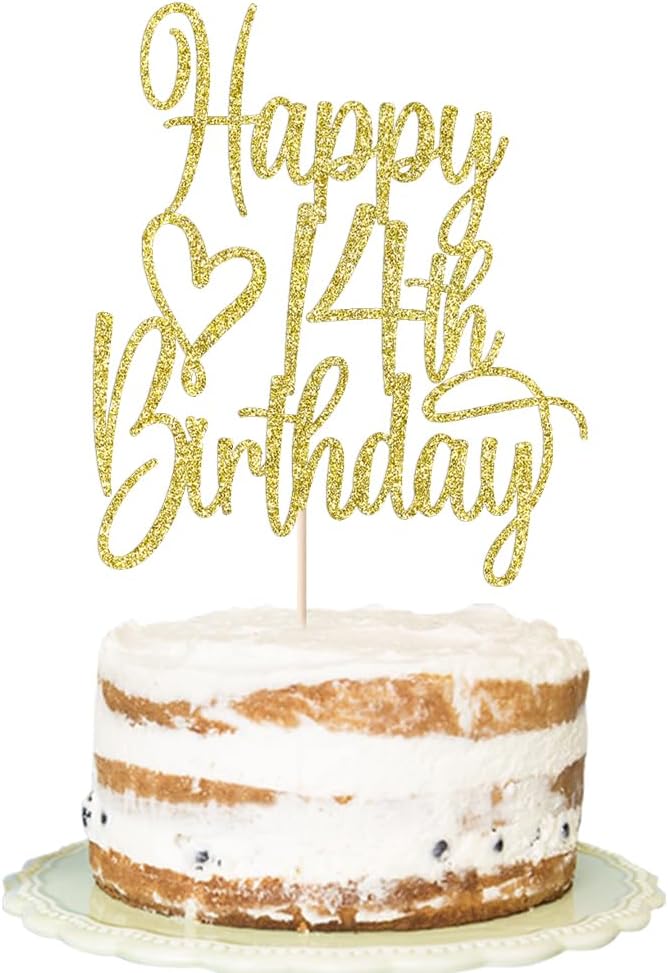 Gold Glitter Happy 14th Birthday Cake Topper - Cheers to 14 Years Cake Topper, 14 & Fabulous Cake Decoration for Hello 14th Birthday Anniversary Party Cake Decorations Supplies