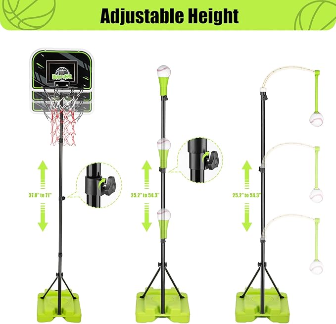 4 in 1 Kids Basketball Hoop and Tball Set for kids 3-5, Adjustable Height Toddler Basketball Hoop, Hanging Tee Baseball with Automatic Pitching Toddler Birthday Gift Outdoor Toys for 3-12 Years Old