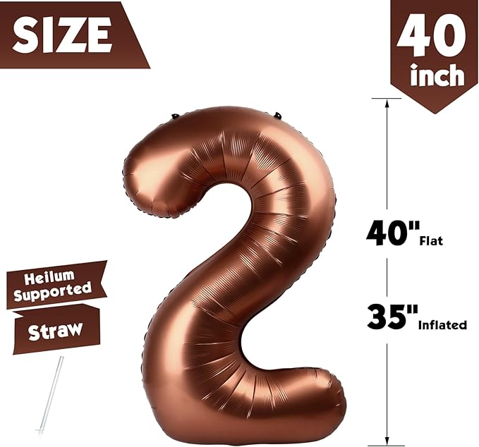 40 Inch Coffee Brown Number 2 Balloon, Giant 2 Number Balloons for 2nd Birthday Decorations, Party Supplies for Baby Boy Girl, Coffee Brown Party Decor