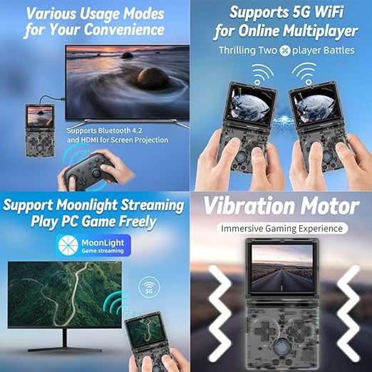 RG35XXSP Portable Flip Retro Handheld Game Console Linux System 3.5 '' IPS Screen Built-in 64G TF Card Pre-Installed 5532 Games RG35XX SP Clamshell Games Console Supports 5G WiFi Bluetooth HDMI Black