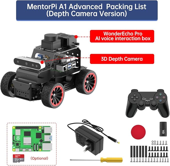 HIWONDER Robot Car with ChatGPT Large AI Models, 3D Depth Camera Ackermann Chassis ROS2-HUMBLE Lidar SLAM Mapping Navigation Autonomous Driving, MentorPi A1 Advanced Kit Without Raspberry Pi