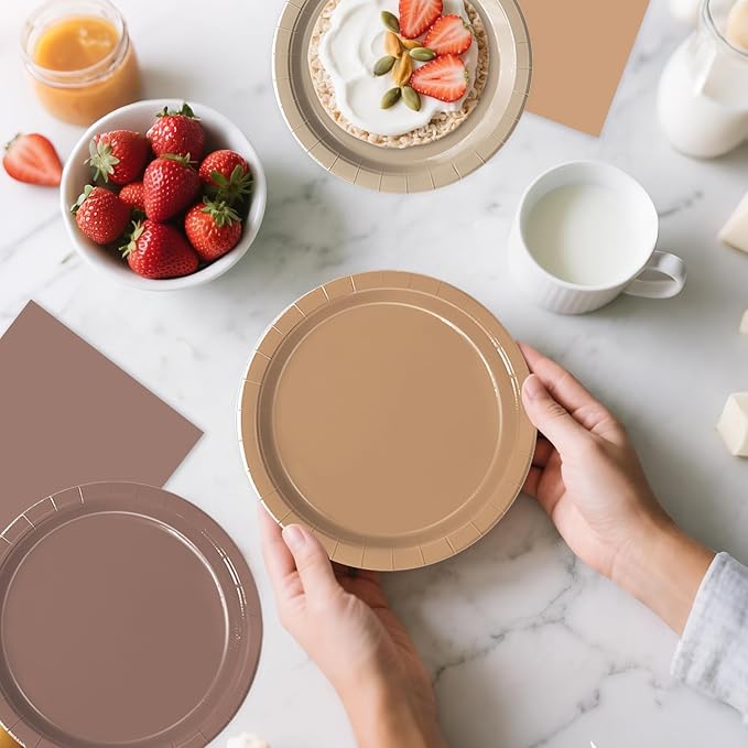 Oigco 150 PCS Brown Paper Plates Boho Baby Shower Decorations Gradient Brown Plates and Napkins for Birthday Wedding Boho Baby Shower Bridal Shower Party Supplies, Serves 50