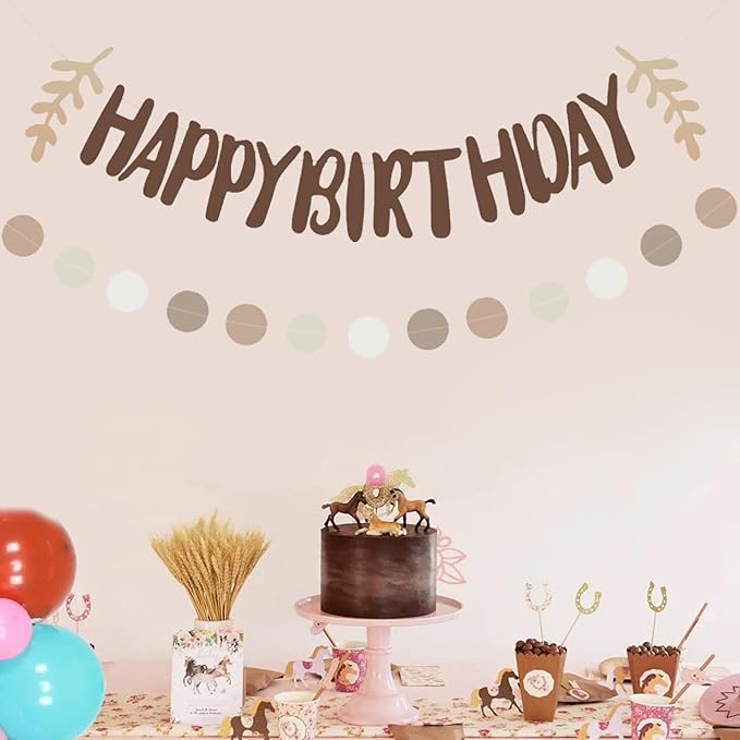 Zwiebeco Coffee Brown Happy Birthday Party Decoration Banner Apricot Leaf Morandi Color Circle Dot Hanging Paper Bunting Sign for Kids Adults Retro Theme Accessories Supplies