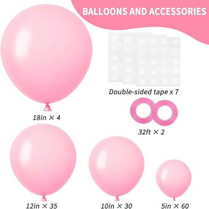 RUBFAC Pink Balloons 129pcs Light Pastel Pink Balloon Different Sizes 18 12 10 5 Inch for Garland Arch Birthday Party Baby Shower Gender Reveal Wedding Anniversary Easter Decoration