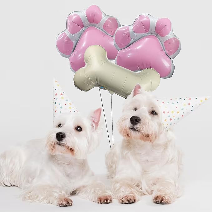 3 Pcs Dog Party Balloons with 2Pcs Pink Paw Shaped Mylar and 1Pcs Bone Shaped for Baby Shower Kids Birthday Pets Decoration