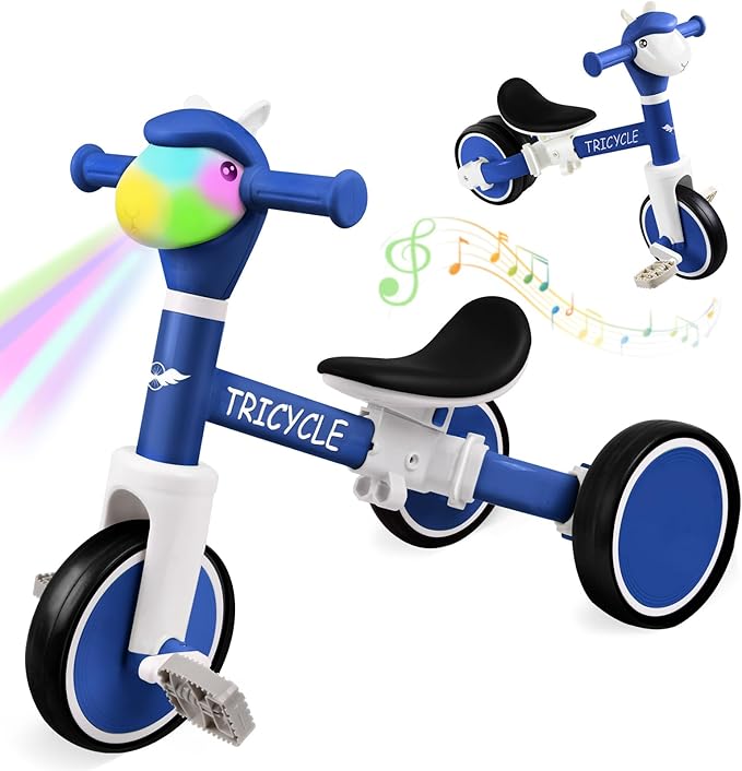 Toddler Balance Bike with Light & Music, Tricycle for Toddlers 1-5 Year Olds, Toddler Tricycle for Boys Girls, Kids Bicycle with Removable Pedal, Birthday Gifts for 1 2 3 4 5 Year