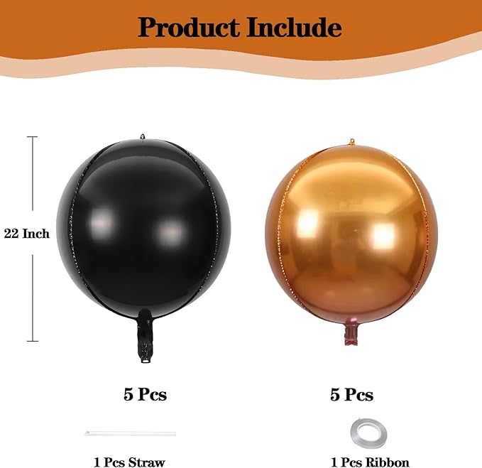 KALOR 22 Inch Black and Orange Foil Balloons, 10 Pcs Large 4D Giant Round Metallic Foil Balloon for Birthday Baby Shower Halloween Party Decorations