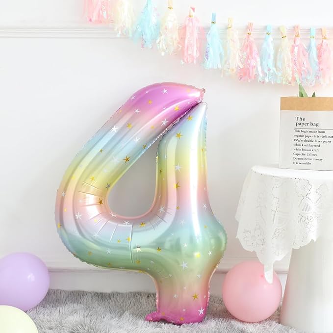 Unicorn 4th Birthday Party Decorations for Girl Purple Pink Theme Balloon Set, Large Rainbow Unicorn Helium Balloons with Heart and Star Baby Shower Kids Supplies (number 4 set)