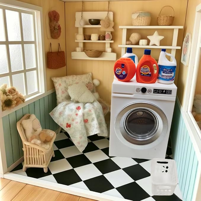 1:12 Scale Miniature Electric Washing Machine and Laundry Set, Realistic Dollhouse Accessories, Toy Washing Machine