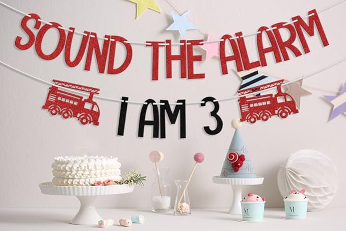 Fire Truck I am 3 Sound The Alarm Banner, Fire Truck 3rd Birthday Decorations, Firefighter Fire Engine Theme 3 Year Old Birthday Party Supplies Red Black