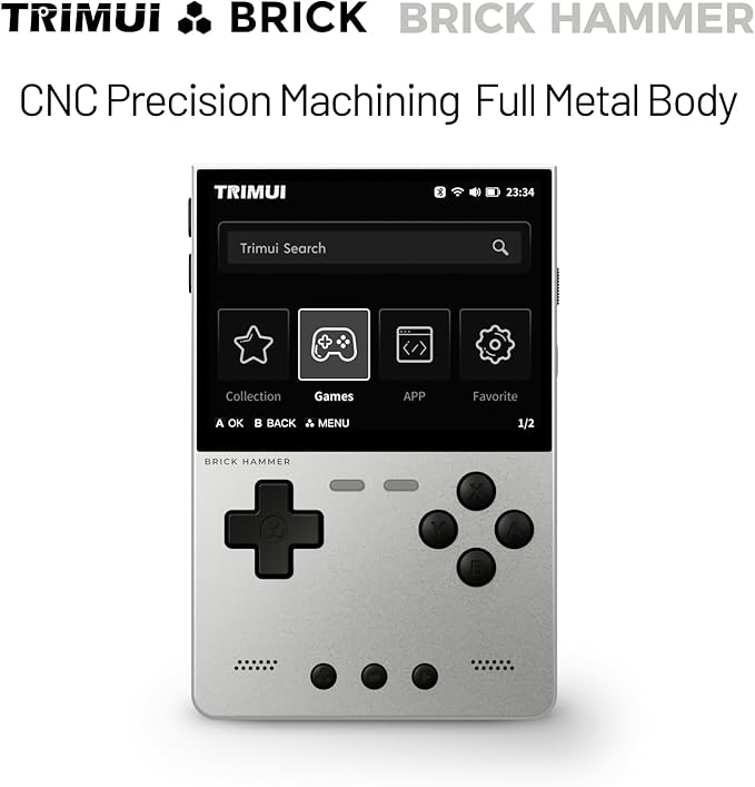 TRIMUI Brick Hammer Retro Handheld Game Console – Metal CNC Aluminum Alloy Body, 3.2" IPS Screen, 8GB Storage, Expandable to 1TB, Built-in 3000mAh Battery (Silver-No Card)