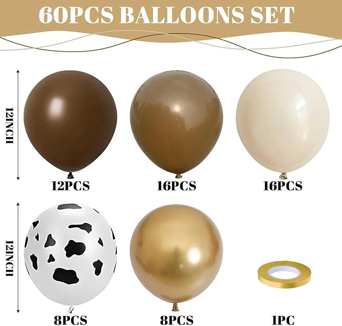 Cow Brown Balloons, 60Pcs 12 Inch Cow Print Coffee White Metallic Gold Latex Balloon, Tan Nude Neutral Beige Helium Balloons for Farm Western Theme Cowboys Cowgirls Birthdays Baby Shower Party Decor