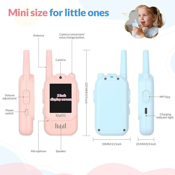 Mafiti Video Walkie Talkies for Kids 2 Pack Rechargeable Birthday Gift Toddler Toys for 3 4 5 6 7 8 Year Old Boys Girls 1000 Feets Long Range Indoor Outdoor Play(Blue+Pink)