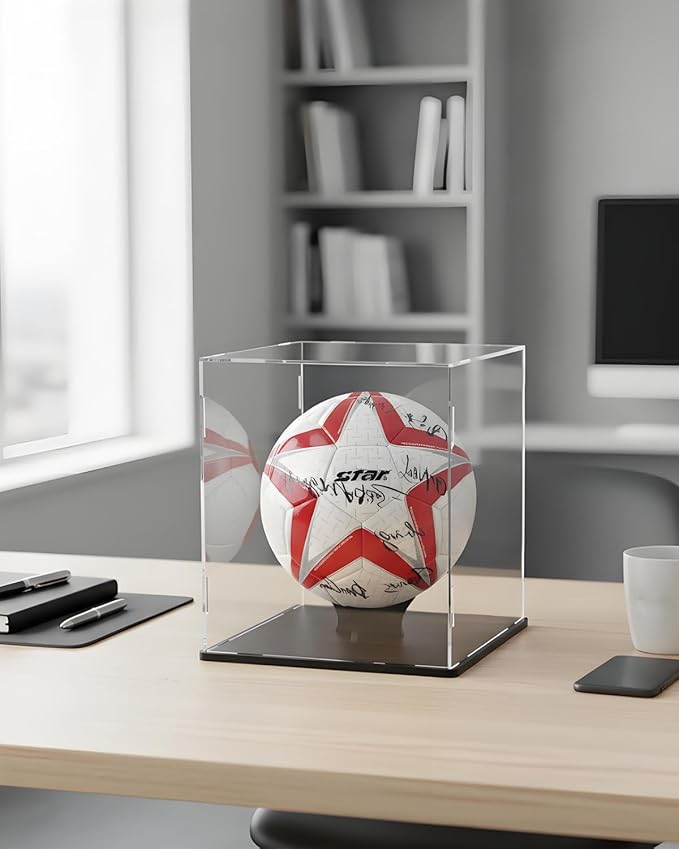 Soccer Ball Display Case,Self-Assembly Acrylic Display Case,Deluxe Dustproof Showcase,Cube Countertop Box for Pop Figures Collectibles,Basketball Volleyball Display Case(10x10x12 inch; 25x25x30cm)