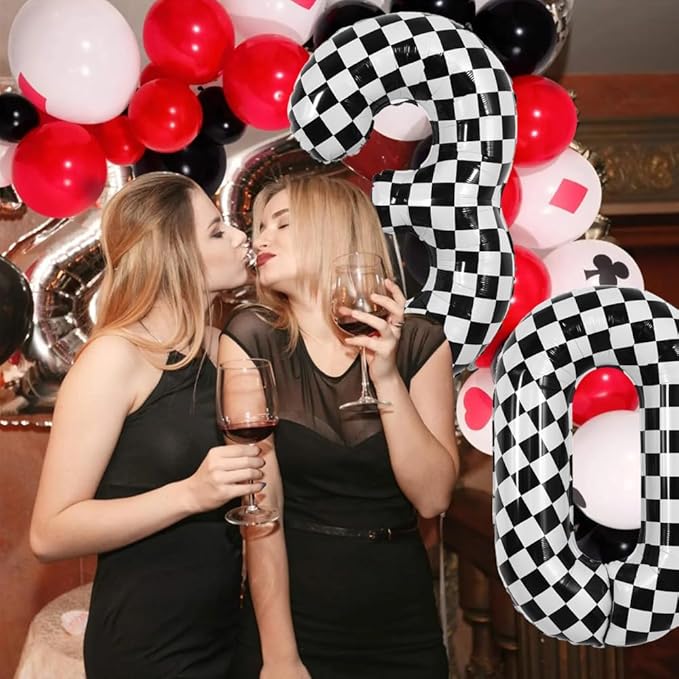TONIFUL 40 Inch Checkered Number 0 Balloon Race Car Birthday Party Supplies Black and White Large Digital 0 Number Balloon for Girls Boys Birthday Fast Race Car Flag Party Decorations