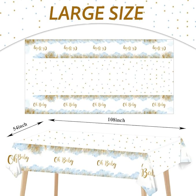 3 Pieces Blue Oh Baby Tablecloth for Baby Shower Decorations Blue Watercolor Cloud Baby Shower Table Cloths for Boy Plastic Disposable Table Covers Decorations 108 x 54 Inch