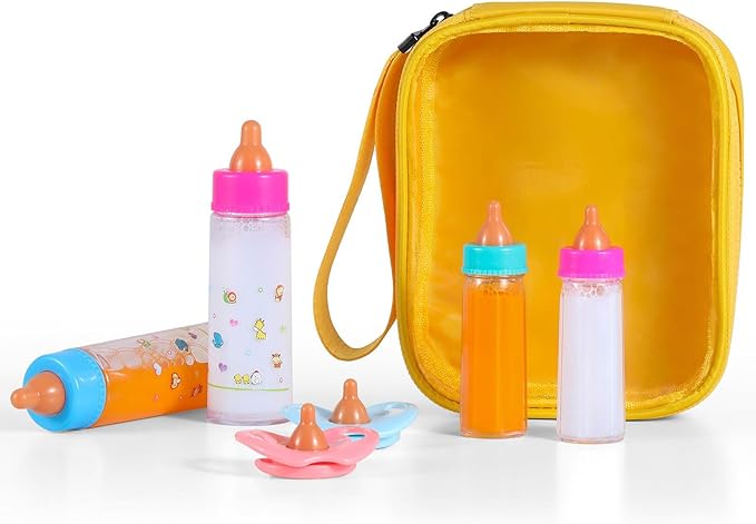 Baby Doll Bottle Accessories - 6 Pcs Feeding Bottle Toys, Magic Disappearing Milk & Juice, Pretend Play Set with Pacifiers Kids Gift Yellow
