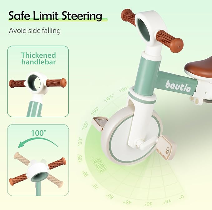 Kids Tricycle for Toddlers 1-3 with Push Handle, 5 in 1 Baby Balance Bike Toy for 1-4 Years Old Boys Girls Gift with Removable Pedals, Mint (No Parent Steering Version)