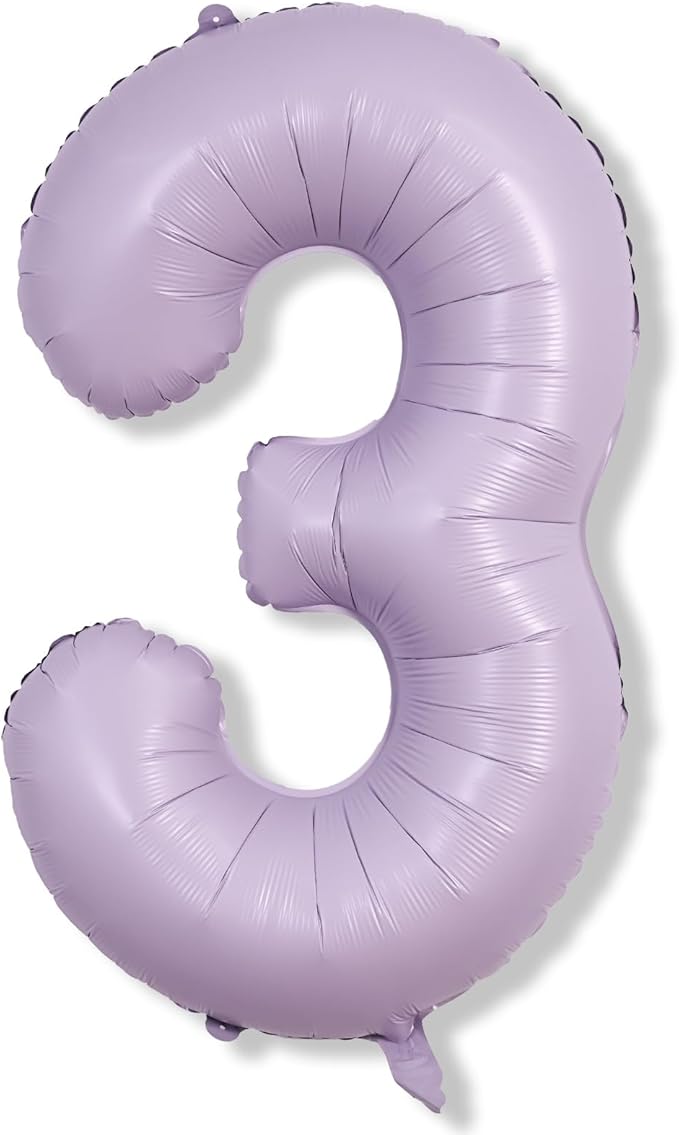 Large Dusty Pastel Purple 3 Balloons, 40 Inch Giant Light Purple Helium Mylar Foil Globos Numero for Girls, Self Inflating 3rd Birthday Balloon for Women Three Anniversary Party Decorations Supplies