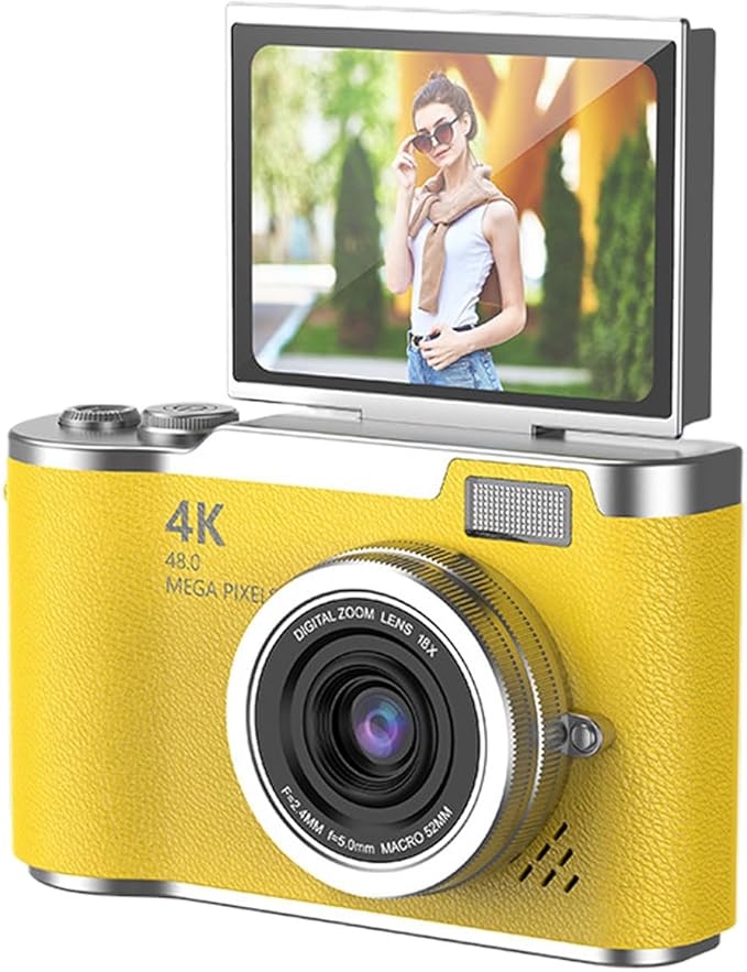 Denash Foldable Screen Kids and Beginners Camera,4K Digital Camera for Photography,48MP Digital Foldable Support 16X Zoom with Flip Scree (Yellow)