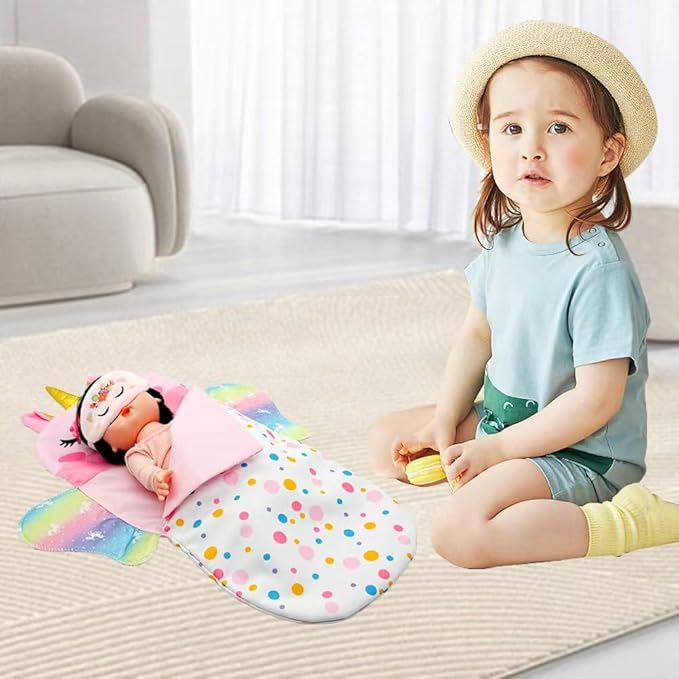 Baby Doll Sleeping Bag Toy Playset Rainbow Unicorn Doll Bedding Slumber Bed Accessories with Eye Mask Doll Unicorn Style Sleeping Bag (for 12 inch Doll)