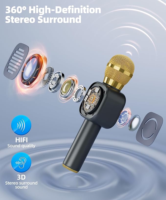 Bluetooth Karaoke Microphone Toy for Kids - Mini Portable Speaker with LED Lights, Wireless Pairing (TWS) for Duet Singing, Christmas Birthday Gift Toys for Boys & Girls Ages 2-12 (black - 1)