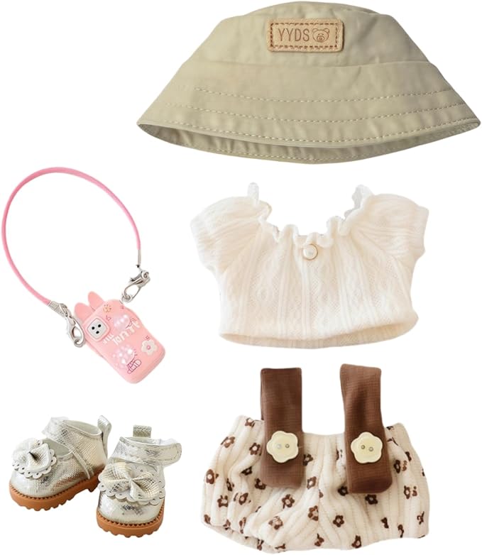 Clothes for Lu bubu 17cm Dolls Accessories(No Doll), Cute Outfit Set 5 Pieces Bib Pants for 17cm Doll Suit, Stylish Dress Up Overalls Doll Clothing Set Replacement with Hat Clothes Shoes Beige