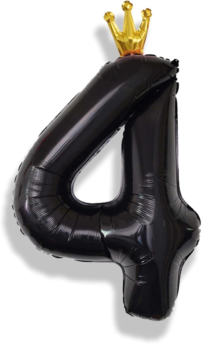 Crown Number Balloons 4 for Kids, Large Black Number Balloon 0-9 Set, Foil Helium Self Inflating 40 Inch Balloons for Girls 4th Birthday Party Decor Anniversary Party Decoration Boys Supplies