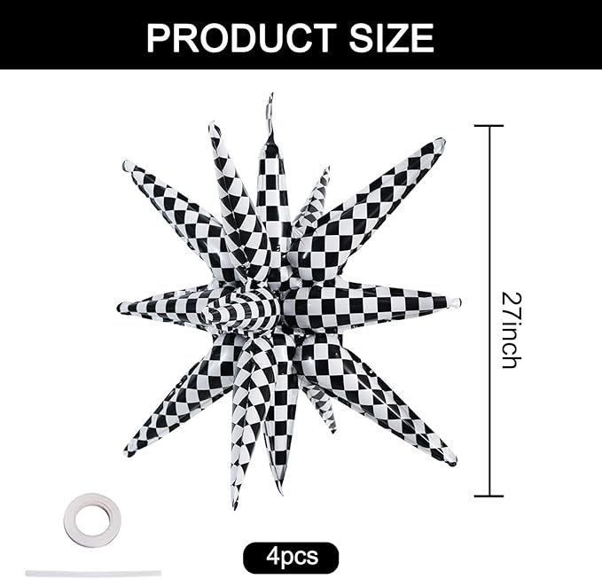 TONIFUL 4 Pcs 22inch 4D Checkered Explosion Star Mylar Balloons 14Point Checkered Star Balloons for Racing Themed Party Decorations Fast Race Car Birthday Baby Shower Photo Booth Backdrop Supplies