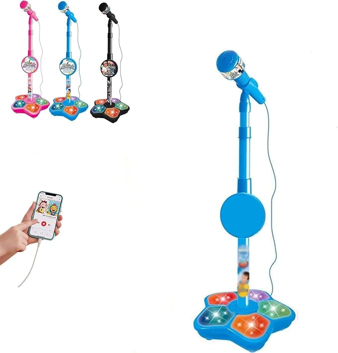 Star Microphone with Stand, 2026 New The All in One Microphone Toy with Stand Adjustable, Built-in Music, Colorful Lights&Echo Effects, Microphonetoy Karaoke Machine for Singing, Music Play (Blue)