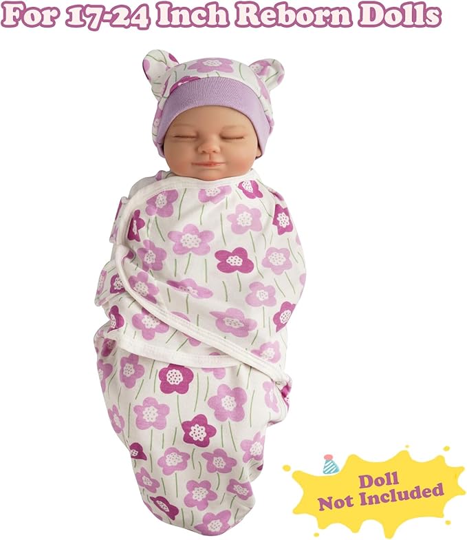 BABESIDE 2 Sets of Reborn Baby Doll Blankets with Hats for 17-24 Inch Babydolls, Reborn Baby Doll Accessories Set Babydolls Swaddle Blankets for Realistic Dolls Girl, Pink & Purple