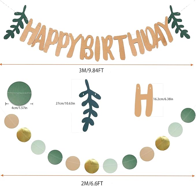 Zwiebeco Dark Green Gold Happy Birthday Party Decoration Brown Banner Bunting Circle Dots Garland Hanging Paper Kit for Kids Adults Forest Wild One Safari Theme Accessories Supplies