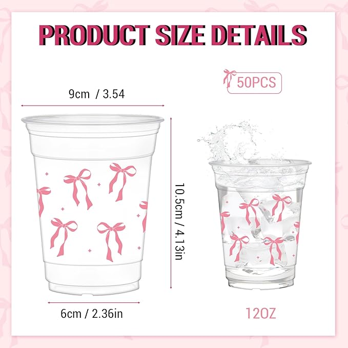 50 Pcs Pink Bow Cups, 12 oz Cute Bow Plastic Cups for Wedding Baby Shower Birthday Party Decorations Favors
