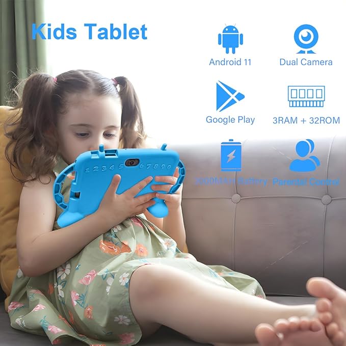 Kids Tablet, 7 inch Tablet for Kids 3-10, Educational Learning Toddler Tablet Android 11, 3GB RAM+32GB ROM Storage, Google Play YouTube (Blue)