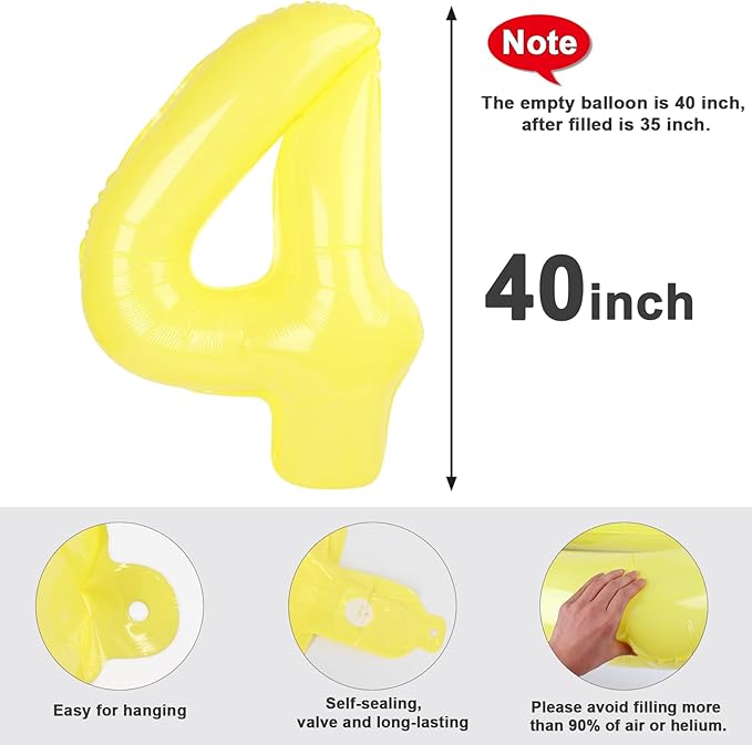 40 Inch Large Numbers Balloon, 4 Yellow Ballon for 4th 14 40 44 Birthday Party, Balloon 4 Number for Graduations Wedding Supplies