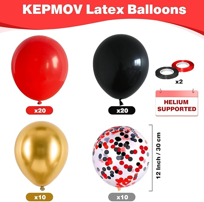 Red Gold Black Balloons, 60pcs 12 Inch Black Red Balloon Set with Metallic Chrome Gold Red Black Confetti Balloon Latex Helium Party Balloons for Graduation Birthday Wedding Bridal Shower Decorations