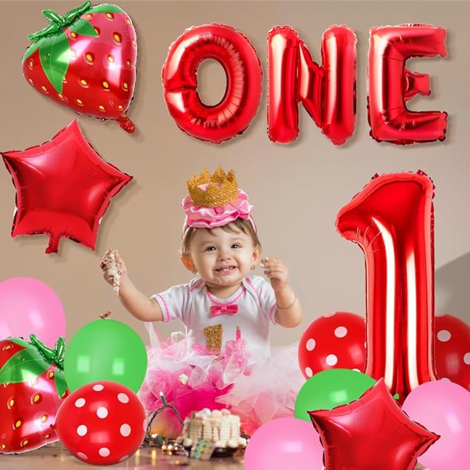 Strawberry Balloons, 1st Strawberry Birthday Decoration with Number One Balloon Letter ONE Star Pink Green Balloon For Strawberry First Birthday Party Supplies