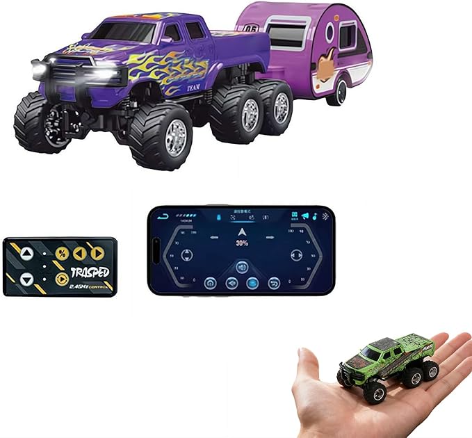 Mini Rc Truck,1/64 Scale Mini Remote Control Monster Truck with Trailer, 2.4Ghz Remote Control & APP, Rechargeable Alloy Shell RC Cars with Lights, Speed/Steering Adjustable (Purple)