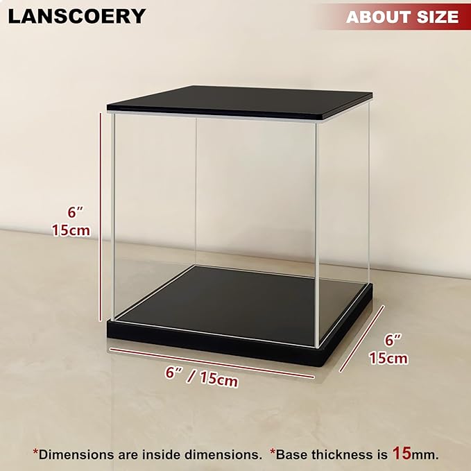 LANSCOERY Small Acrylic Display Case with Adjustable Yellow/White/Warm LED Light, UV Protection Clear Display Box, Dustproof Showcase for Action Figures, Models, Collectibles - 6x6x6inch