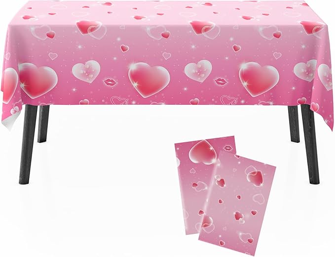 Happy Valentine’s Day Tablecloth with Heart Pattern, 54x108 Inch Disposable Plastic Tablecloth, Romantic Love Table Cover for Dining Table, Valentine Party Decoration for Home, Holiday Dinner