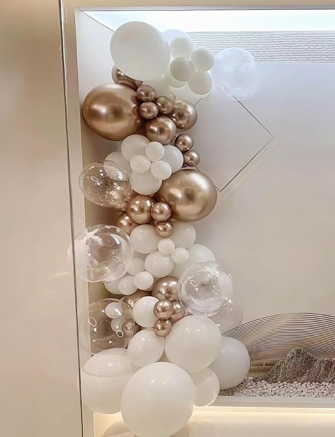 Neutral Balloon Garland Arch Kit, 148 Pcs Sand Pearl White Metallic Champagne Gold Balloons with Clear Balloons for Birthday, Bridal Shower, Baby Shower, Gender Reveal, Boho Wedding Decor