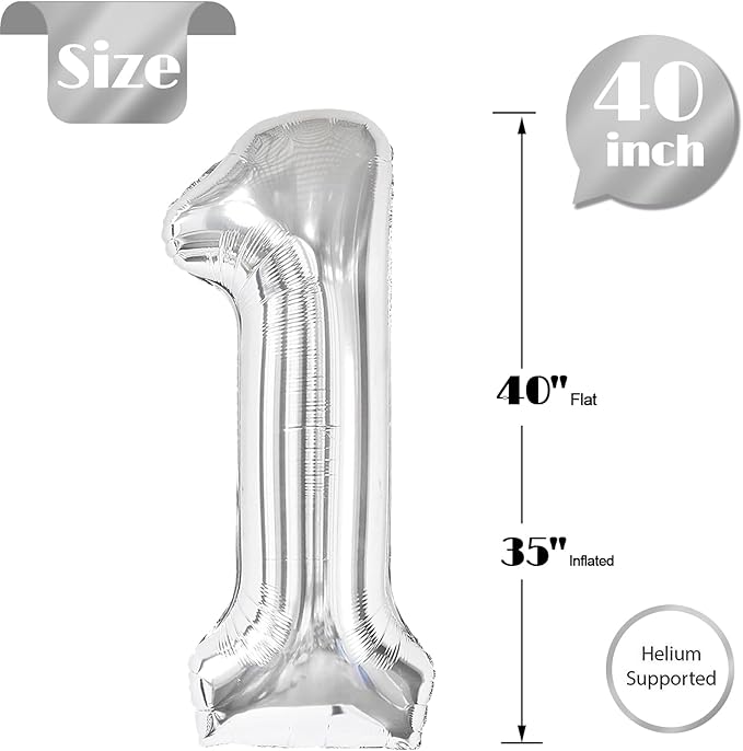 Silver Number 1 Balloon 40 Inch, 1st Birthday Balloon for Baby Boy Girl Toddler First Birthday Decorations, Shiny Silver Party Supplies